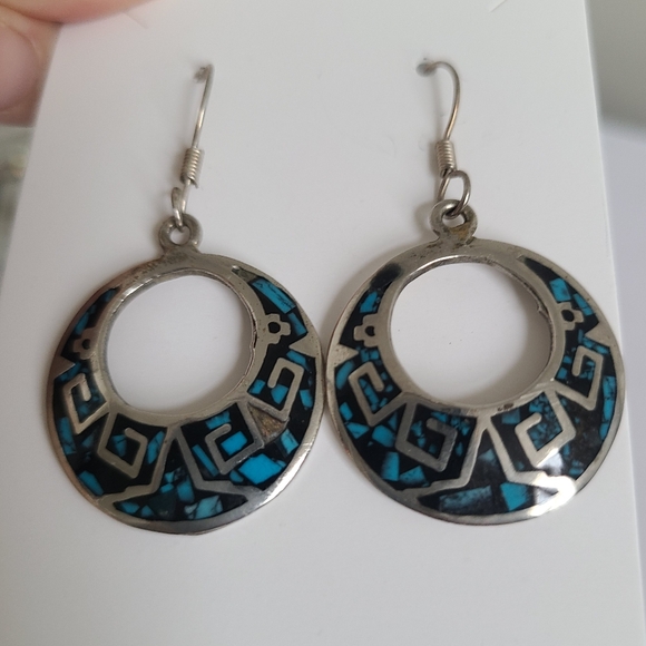 Vintage Sterling Silver Boho Western Mexico Turquoise Inlay Round Drop Earrings - Picture 2 of 12